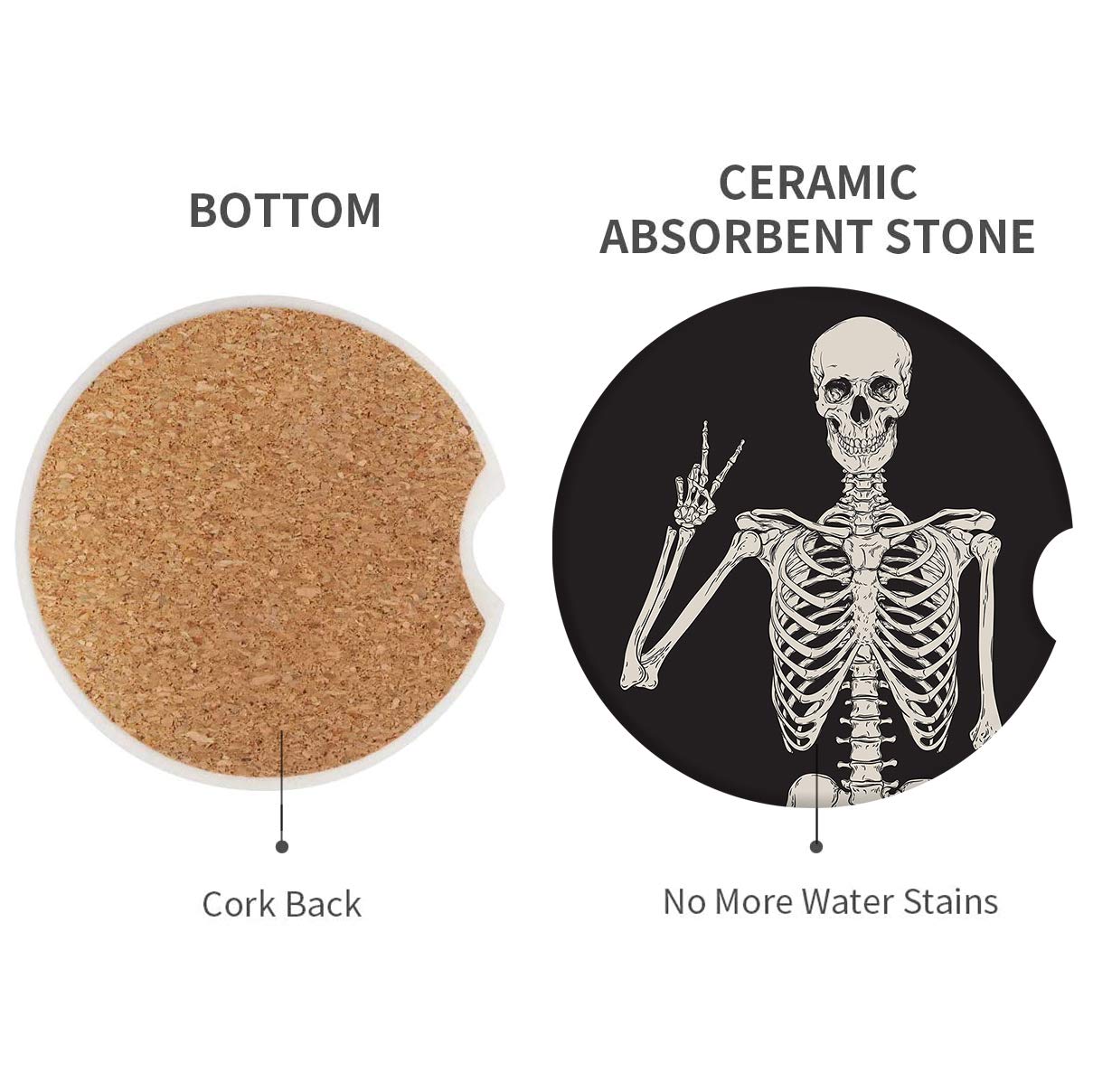 Britimes Absorbent Car Coasters 2 Pack For Cup Holders, 2.56'' Ceramic Stone & Non-Scratch Cork Base Drink Coasters Human Skelet